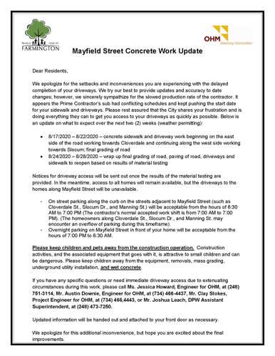 Mayfield Street Concrete Work Update